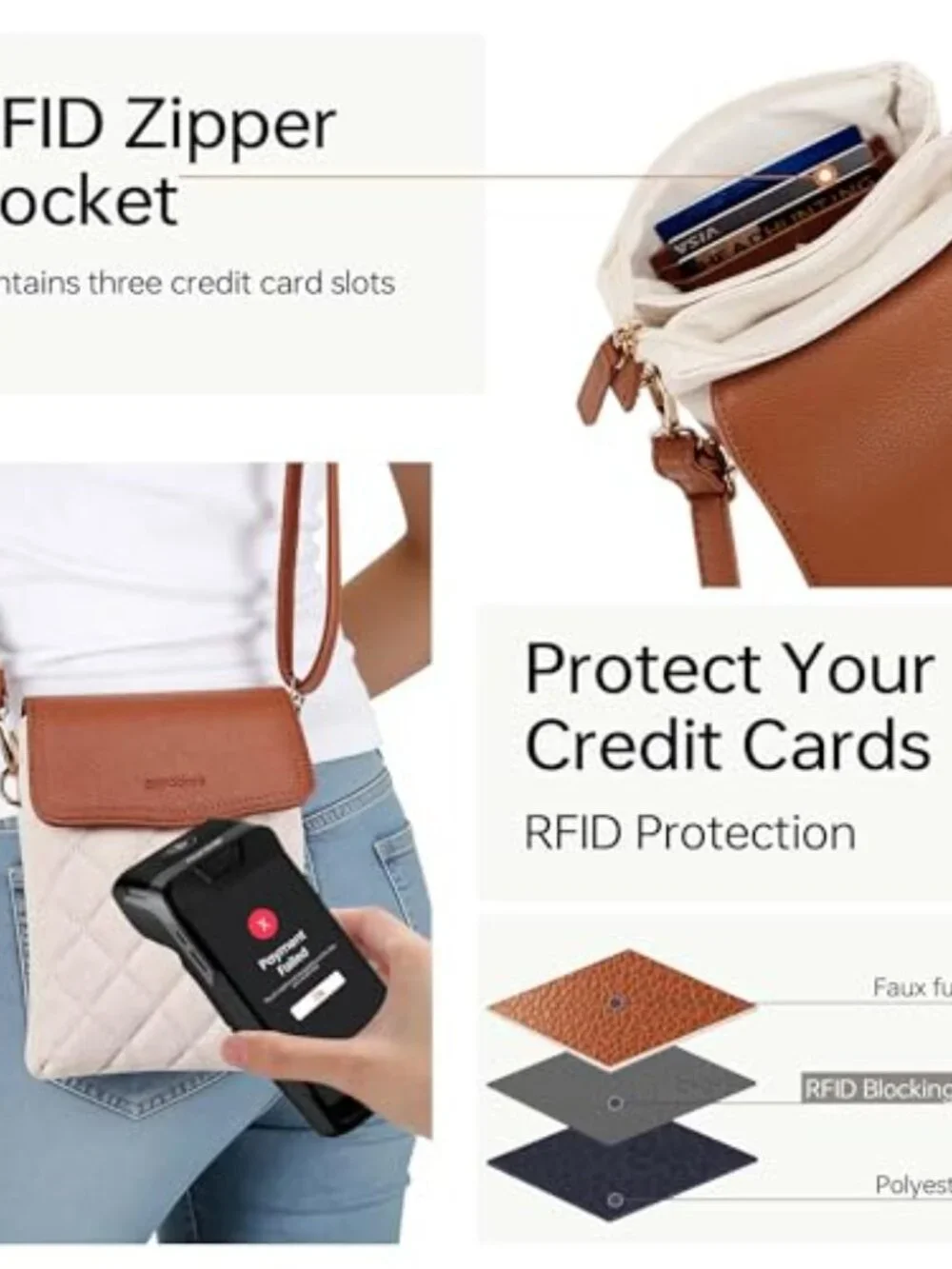 RFID Quilted Vegan Leather Compact Cell Phone Crossbody Purse
